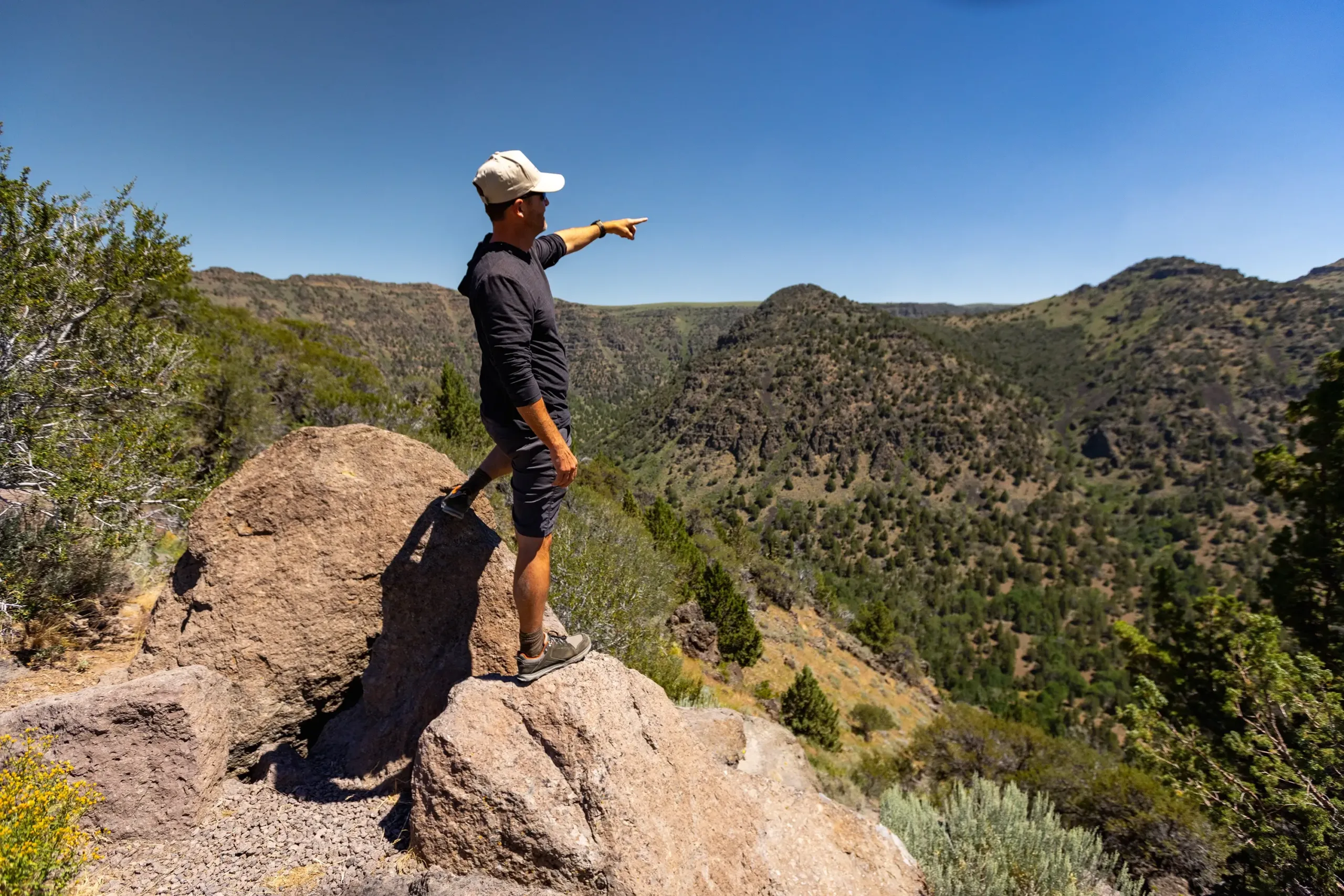 A man standing on a rock, pointing at mountains