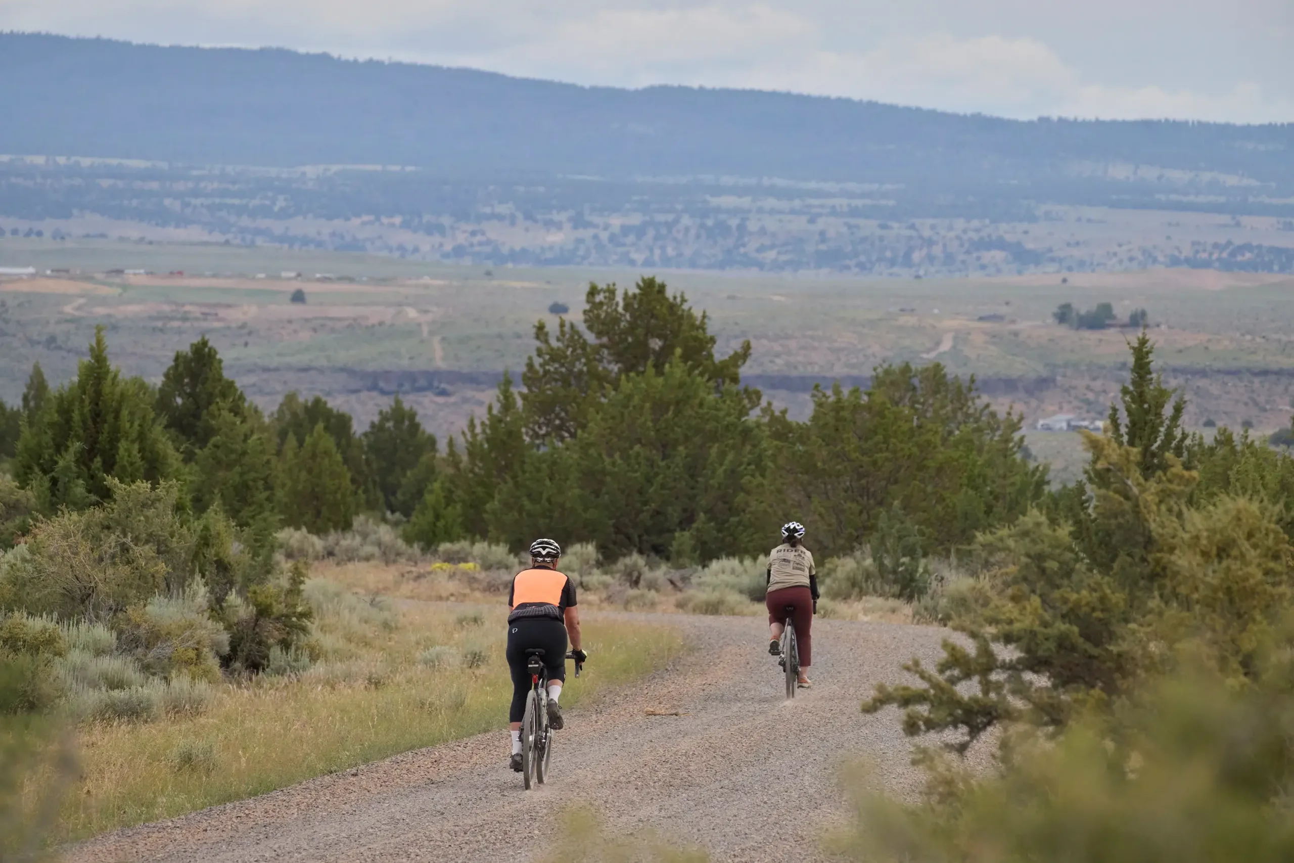 Two bicyclists riding on a road with a scenic background