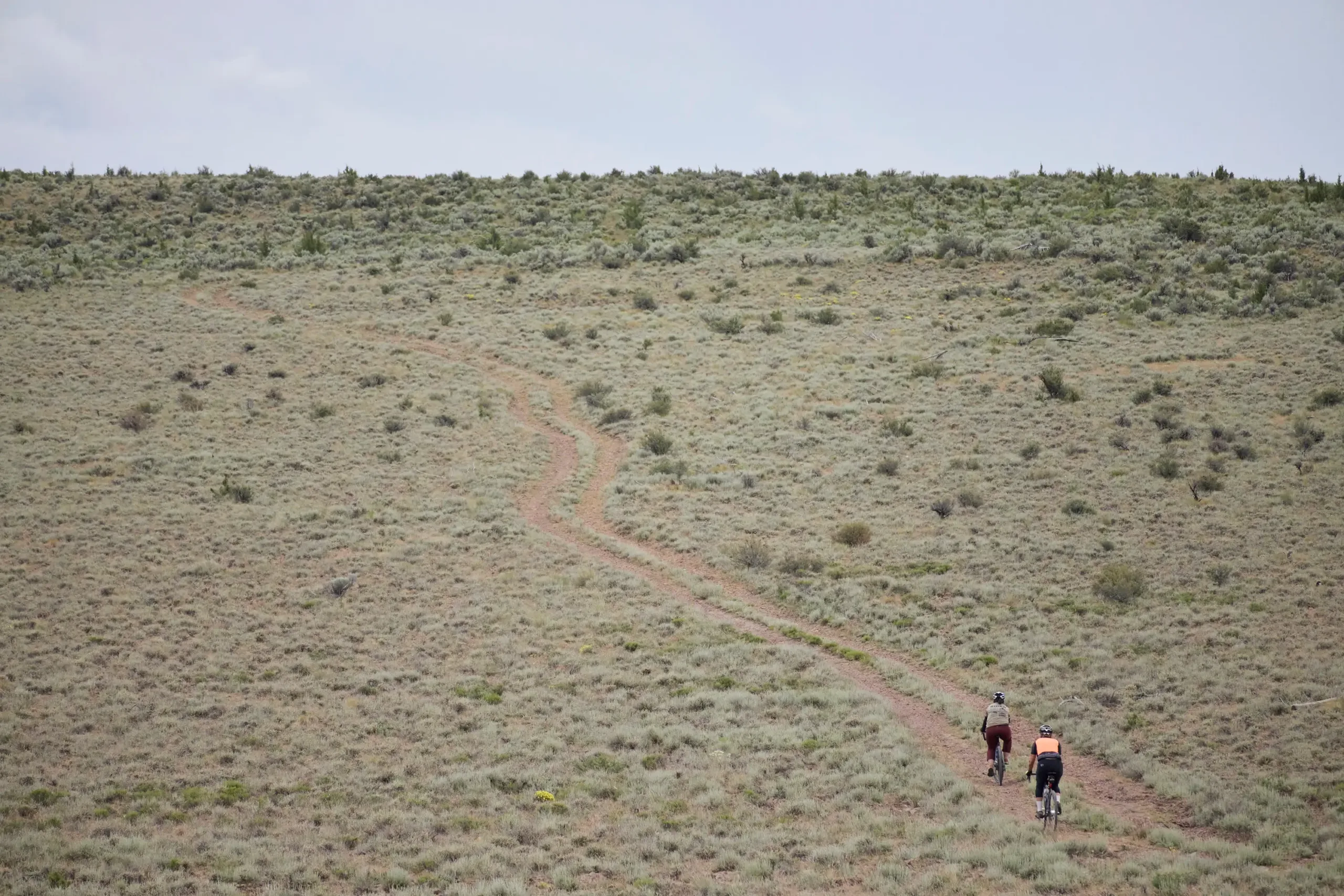 Two bicyclists riding a dirt trail